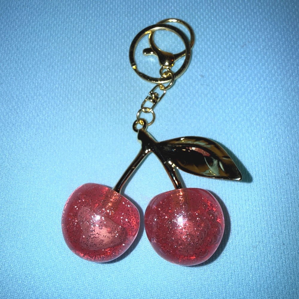 Cherry Bag Charm Pink Glitter Resin Gold Tone Keychain